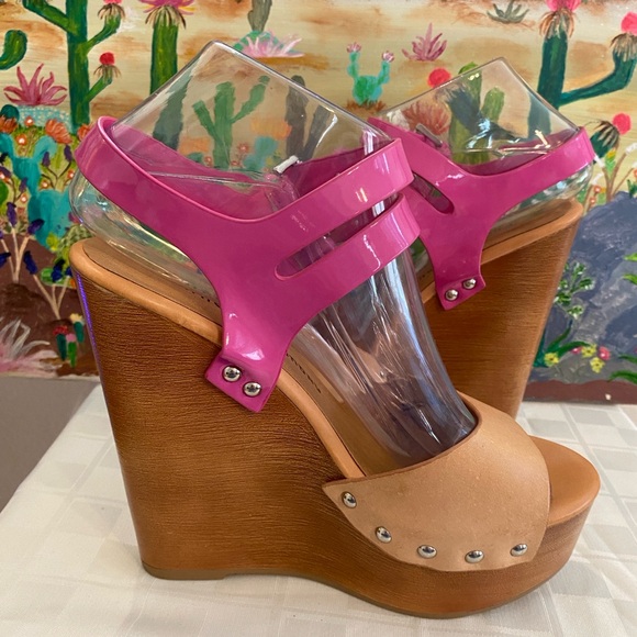 Chinese Laundry Shoes - Chinese Laundry, Jungle Gym, Leather Platform Wedge Sandals, Pink/Tan, W Size 7